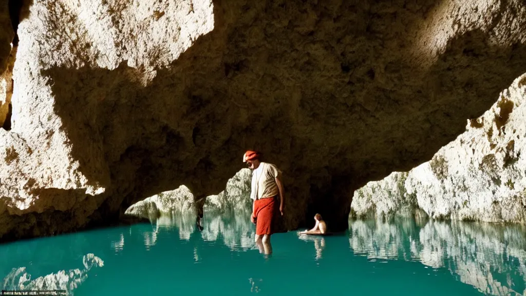 Image similar to a man exploring a cave off of a lake in France, film still from the movie directed by Wes Anderson and Jacques Tati with art direction by Salvador Dalí, wide lens