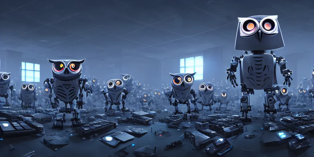 Image similar to an army of evil, malevolent, robot mechincal owls surrounded by computers and computer screens. this 4 k hd image is trending on artstation, featured on behance, well - rendered, extra crisp, features intricate detail and the style of unreal engine. volumetric lighting