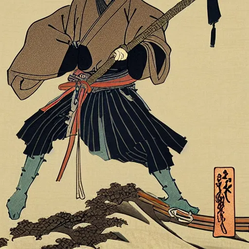 Image similar to by hokusai, samurai man vagabond, the samurai holds chains, detailed, matte print, concept art, ink style, sketch, digital 2 d