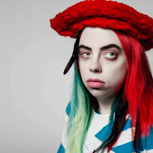 Prompt: Billie Eilish in Cat in The Hat Movie, XF IQ4, 150MP, 50mm, F1.4, ISO 200, 1/160s, natural light