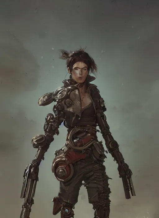 Image similar to hyper realistic photo of postapocalyptic victorian cyborg hunter girl full body, cinematic, artstation, cgsociety, greg rutkowski, brom