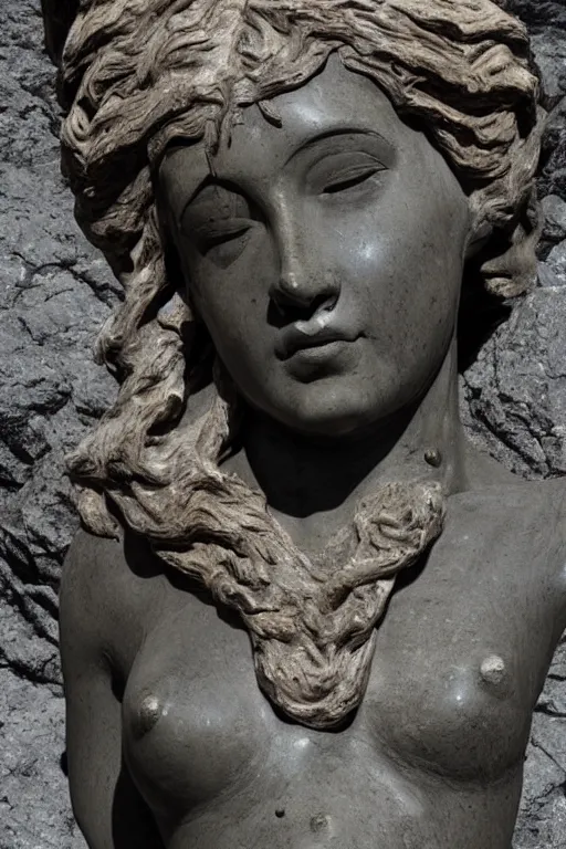 Image similar to mnemosine goddess statue sculpted in volcanic rock with silver threads, made by antonio corradini and bernini, ultrarealistic, detailed, 8 k