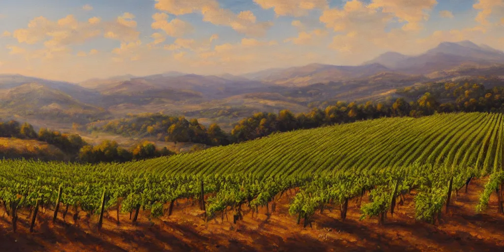 Prompt: a beautiful landscape painting of a sprawling vista with vineyards, by zohar flax, oil on canvas, highly detailed, hd, 4 k