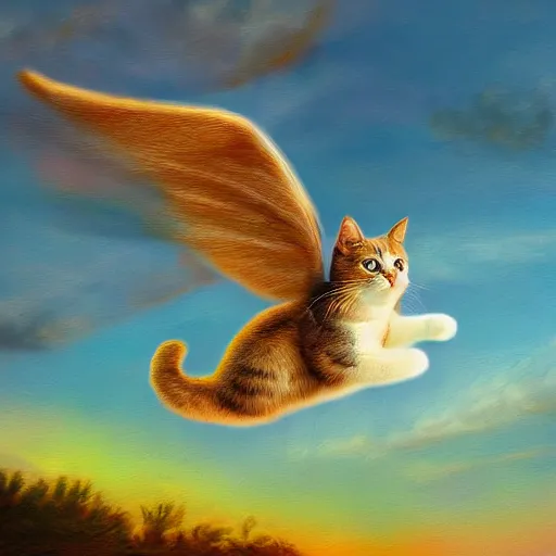 Image similar to a photograph of cute cat with wings flying towards the sunset, highly detailed, photorealistic, impressionism style