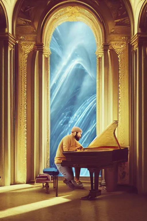 Image similar to Mac Miller playing the piano in the middle of a marble palace in Heaven, Golden Halo, RIP, Heavenly, Divinity, waterfalls, beams of golden light, Hope, Ethereal, Symmetry, environment concept, Atmospheric Lighting, artstation trending, ladders, angelic, Rendered in Octane, trending on artstation, cgsociety,, environment 8K artstation, cinematic, intricate details, 4k detail post processing, hyperrealistic, ultra detailed cinematic