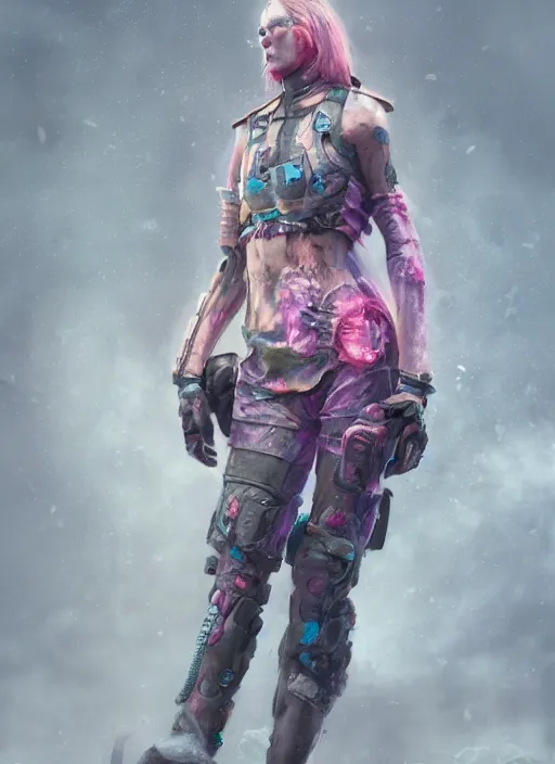 Prompt: detailed full body concept colorful pastel painting of a dystopian female road warrior in intricate clothing, cinematic lighting, hyperdetailed, 8k, high resolution, insanely detailed and intricate, octane render, vfx, postprocessing, alluring