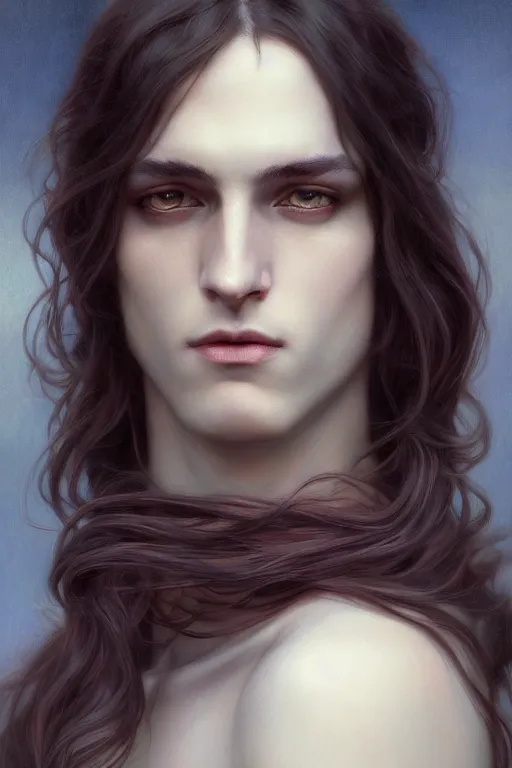 Prompt: a beautiful androgynous man, long hair, deep brown eyes, vampire, illustration, dramatic lighting, soft details, painting oil on canvas, art nouveau, octane render, HDR, 4k, 8k, HD, by Edmund Blair Leighton, Brom, Charlie Bowater, faces by otto schmidt