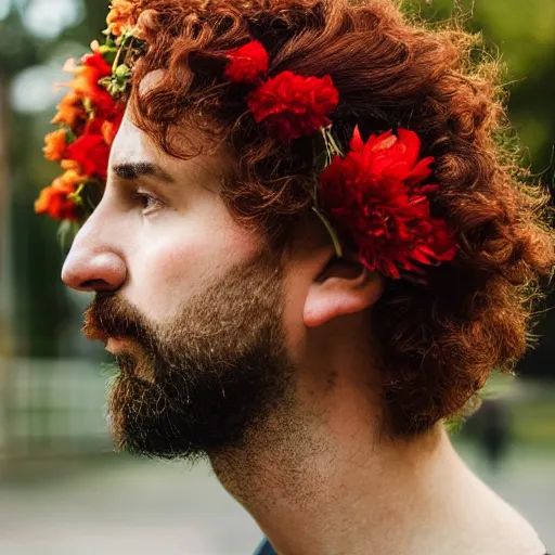 Prompt: “a man's face in profile, short beard, curly red hair, made of flowers, in the style of the Dutch masters, dark and moody XF IQ4, f/1.4, ISO 200, 1/160s, 8K, RAW, unedited, symmetrical balance, in-frame”