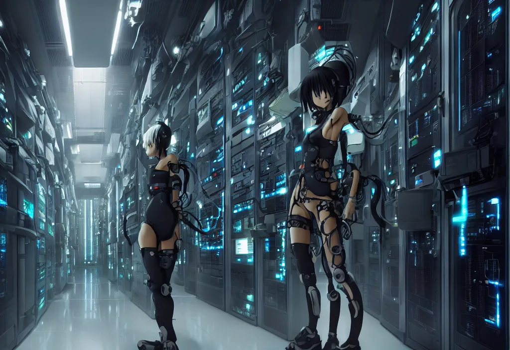 Prompt: shot of film by cyberpunk syle cyborg walking in server room in datacenter, character design, very detailed cinematic, anime, by yoichi hatakenaka, by masamune shirow, by josan gonzales, digital art, octane render 8 k, beautiful composition, trending on artstation, award - winning photograph, masterpiece