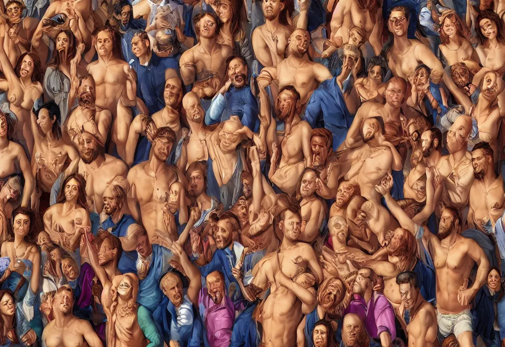 Prompt: a fun bachelor party event, detailed people, symmetric faces, beautiful people, anatomically correct, golden ratio, vibrant colors, high quality, 8 k, very detailed, intricate, high detail, extremely fine details, realistic shaded lighting, not cropped, extremely detailed, masterpiece, digital painting