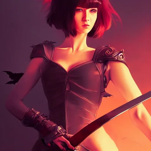 Image similar to a woman holding a sword with a dragon on it, concept art by Ilya Kuvshinov, contest winner, fantasy art, official art, concept art, high detail, experimental, high quality, hyperrealistic, 4k