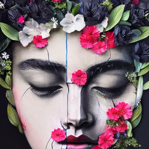 Prompt: A beautiful sculpture by Sandra Chevrier, background flowers by Zhang Jingna, 50mm