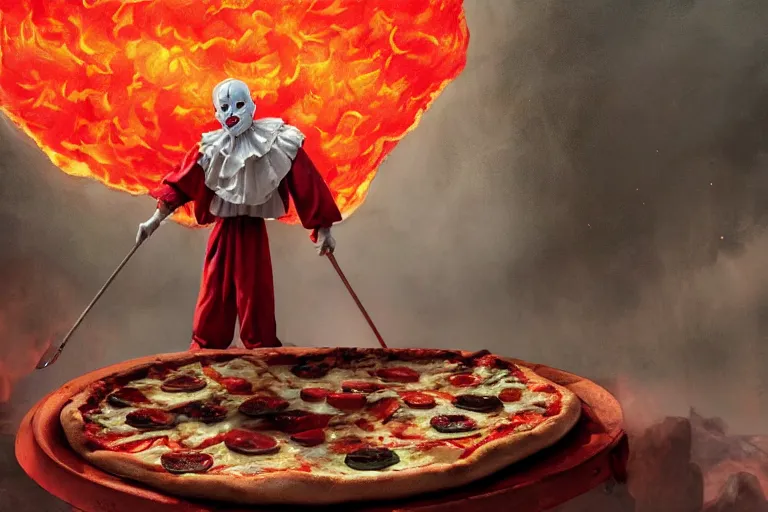 Image similar to pennywise as pulcinella! making pizza, in the backgroun vesuvius spewing lava, by esao andrews, by james jean, post - apocalyptic, hyperrealistic, big depth of field, black sky, glowing pools of lava, 3 d octane render, 4 k, conceptart, masterpiece, hyperrealistic, trending on artstation