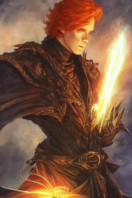 Image similar to young male redhead Spellcaster standing, holding a spell book glowing, D&D dark fantasy style, sharp focus, ultra detailed, art by Artgerm and Peter Andrew Jones, Karol Bak, Ayami Kojima, Amano and Olivier Ledroit