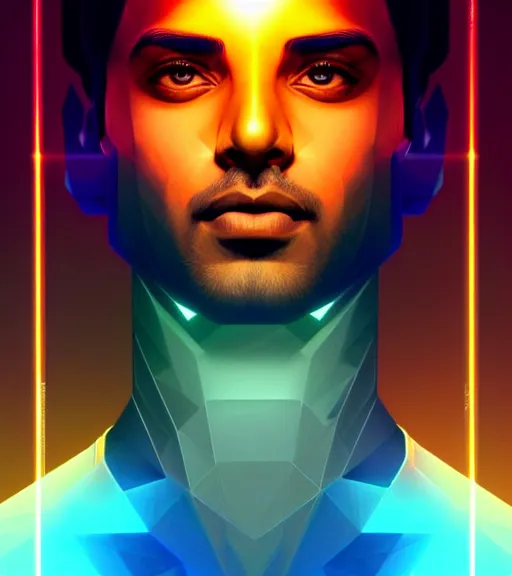 Image similar to symmetry!! indian prince of technology, solid cube of light, hard edges, product render retro - futuristic poster scifi, lasers and neon circuits, brown skin handsome indian prince, intricate, elegant, highly detailed, digital painting, artstation, concept art, smooth, sharp focus, illustration, dreamlike, art by artgerm