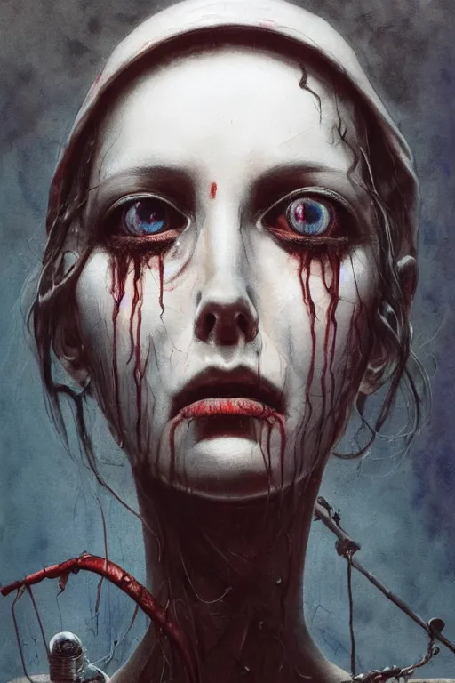 Image similar to watercolor cartoon grunge portrait of a creepy horror nurse girl . intricate abstract. intricate artwork. nightmare fuel. terrifying. by zdzisław Beksiński, wlop, dan mumford , trending on artstation, greg rutkowski very coherent symmetrical artwork. cinematic, hyper realism, high detail, octane render, 8k