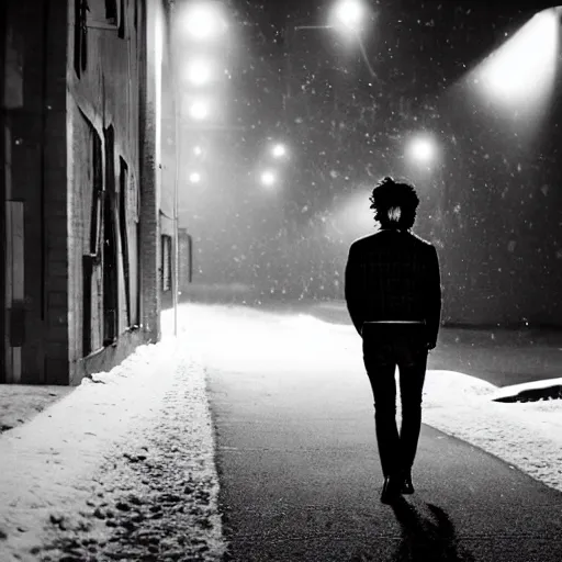 Image similar to shot of young man from back pacing lowering head dressed in short leather bomber jacket to empty narrow alley with street lamps in park with pines to the horizon,, with hands in pockets, snowfall at night, mullet long haircut, black hairs, cinematic, dramatic, detailed, realistic, movie shot, low lighting