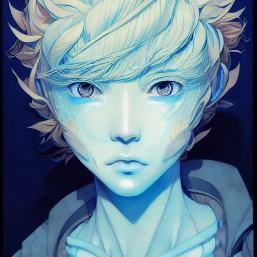 Image similar to prompt : ivory and blue portrait soft light painted by james jean and katsuhiro otomo and erik jones, inspired by evangeleon anime, smooth face feature, intricate oil painting, high detail illustration, sharp high detail, manga and anime 1 9 9 9