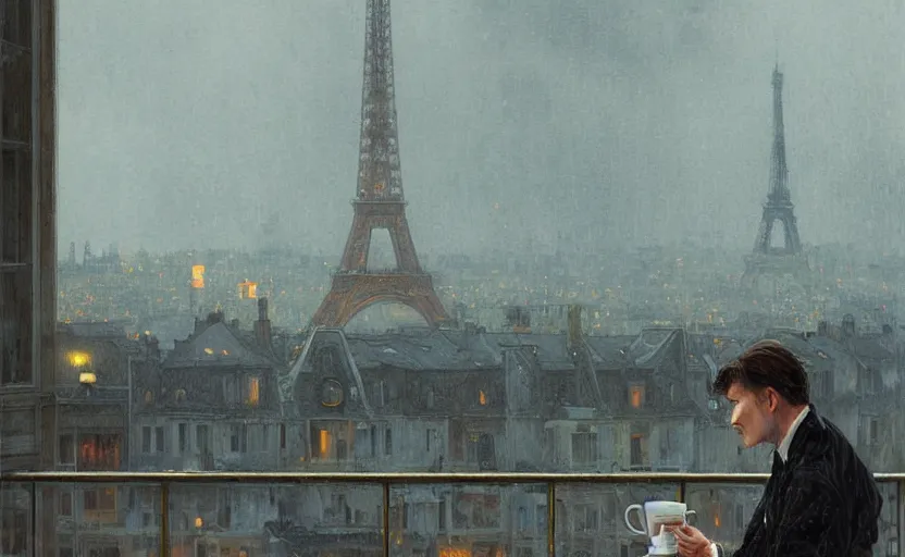 Image similar to elegant man drinking coffee at balcony in france, city with big eiffel tower seen behind, late night raining, highly detailed characters, by greg rutkowski, alphonse mucha, beeple, sharp focus, digital art, smooth, light refraction, pixiv art, volumetric lighting