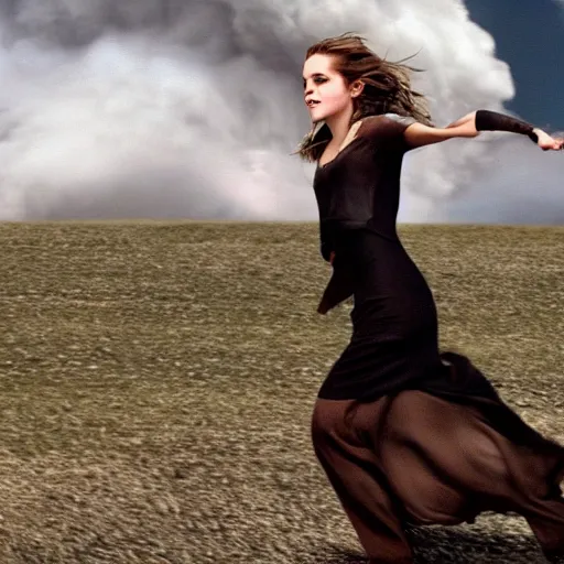 Prompt: Emma Watson flying on a broomstick in the clouds, full body shot