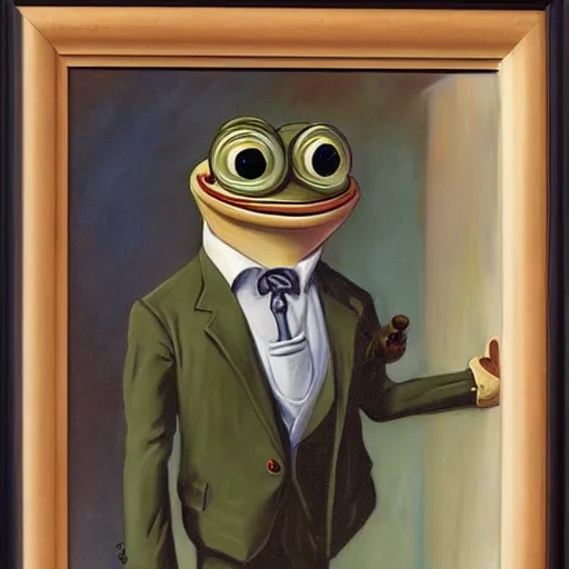 Image similar to pepe the frog in suit and tie, painting by Joseph Christian Leyendecker