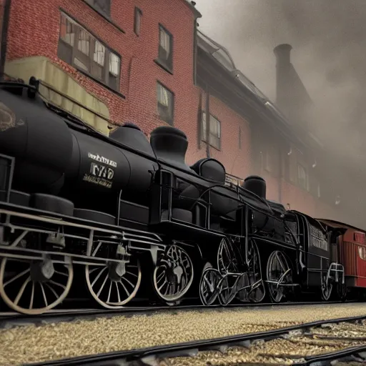 Prompt: a black steam locomotive pulling a train into a Victorian era crowded train station, slight fog, highly detailed, octane render, unreal engine 5