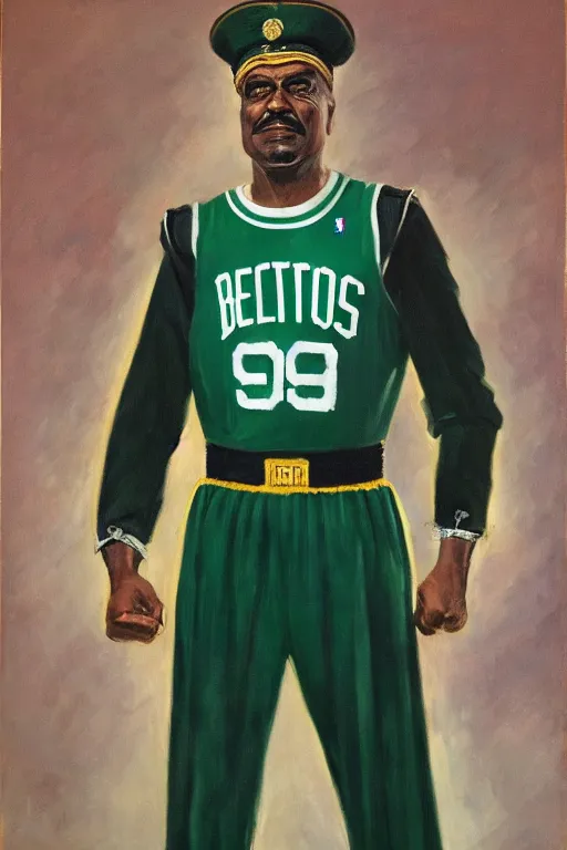 Image similar to full body portrait of the dictator of the boston celtics, 1 9 5 5, in full military garb, oil on canvas by william sidney mount, trending on artstation