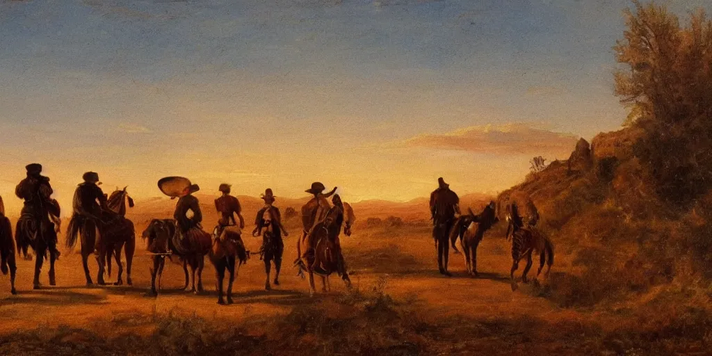 Prompt: a band of outlaws walking in the wild west at sunset, as a XIXth century painting