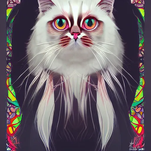 Image similar to symmetry!! portrait of beautiful ragdoll cat, long cat hairs, big cat eyes, colorful lighting, hyperrealistic, trending on pixiv fanbox, style of marvel cinematic universe