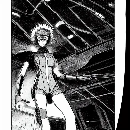 Prompt: scarlett johansson wearing futuristic breathing apparatus, searching an derelict dark hallway of a abandoned spaceship with a flashlight, afro samurai anime style, black and white, pencil and ink manga panels showing different angles of scene