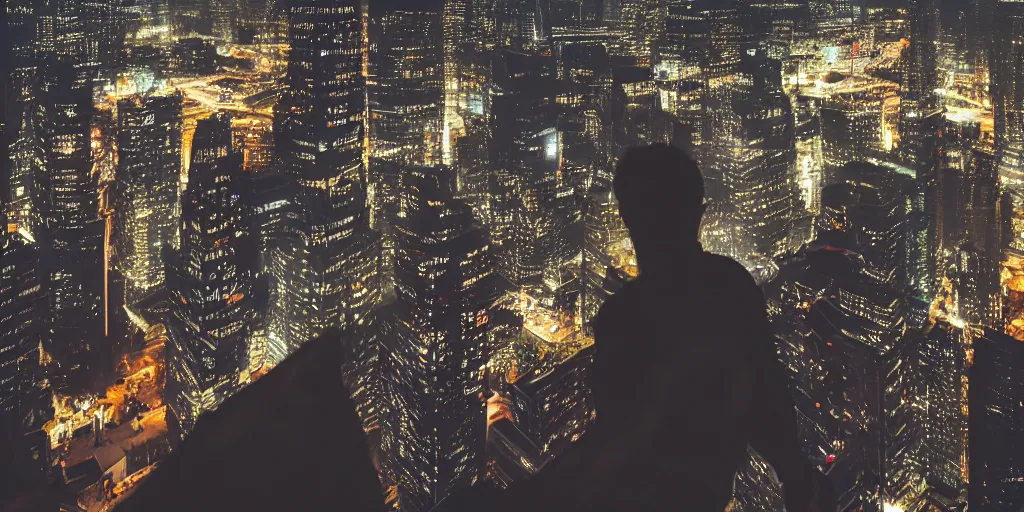 Prompt: a man jumps off the window of a skyscraper over looking a futuristic city, night, window breaking, volumetric lighting, cinematic lighting, depth of field, bokeh, dream like, blade runner