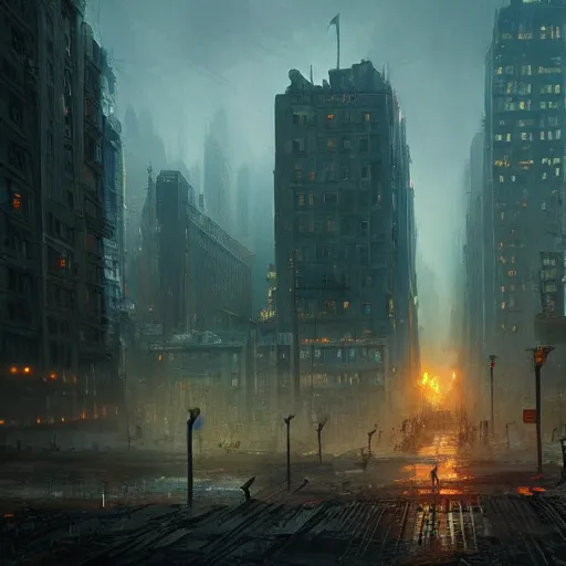 Image similar to new york city in a post apocalyptic earth as seen by greg rutkowski, dark theme, enchanted, warm colors, high quality, waw, trending on artstation