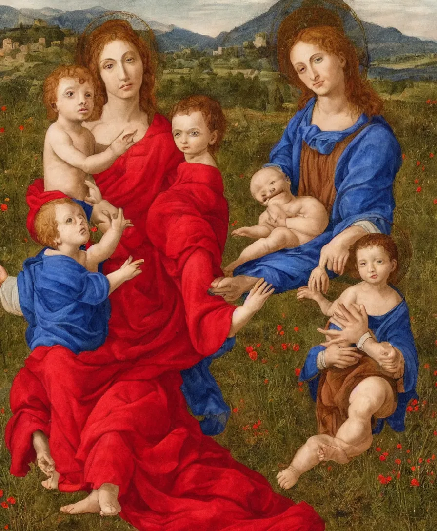 Prompt: Detailed Portrait of Madonna, red shirt blue cloth, with infant Jesus playing with a cross and another boy in the style of Raffael. Curly red hair. They are sitting in a dried out meadow near Florence, red poppy in the field. On the horizon, there is a lake with a town and mountains. Flat perspective.