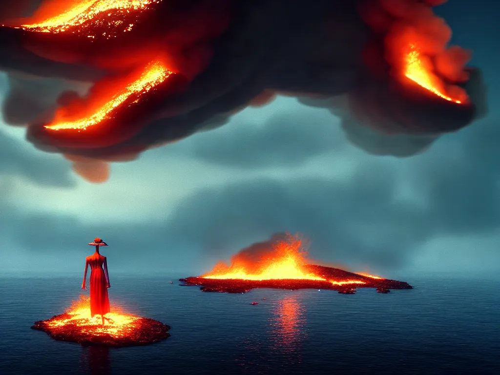 Prompt: highly detailed photo of the fire rises behind the calm sea, trending on deviantart, neo surrealism, sharp focus, 4 k, a lot of little details, octane, masterpiece, art by max ernst