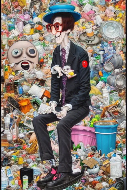 Image similar to full view, from a distance, of anthropomorphic trashcan who is marcel duchamp, full of trash, style of yoshii chie and hikari shimoda and martine johanna, highly detailed