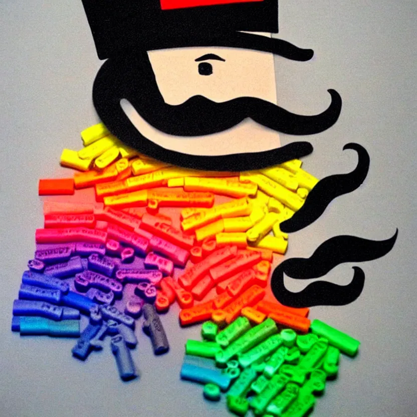 Prompt: a man made entirely from crayons with a top hat and mustache