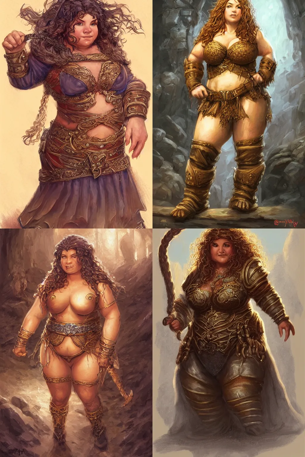 Prompt: chubby female dwarven woman | neat elaborated long curly braided golden hair | big nose | beautiful plump body | intricate, highly detailed, digital painting, artstation, concept art, dungeons and dragons , art by jeff easley and ralph horsley