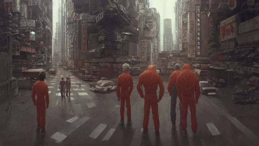 Image similar to realistic aesthetic highly detailed photography of characters in akira scene, characters with hyperrealistic highly detailed faces. from akira by katsuhiro otomo, alejandro hodorovski and denis villeneuve and gregory crewdson style with many details by mike winkelmann and vincent di fate in sci - fi style. volumetric natural light hyperrealism photo on dsmc 3 system