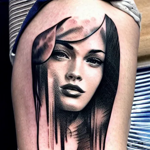 Prompt: double exposure tattoo design sketch of megan fox with beautiful mountain scenery, realism tattoo, in the style of den yakovelev, amazing detail, sharp