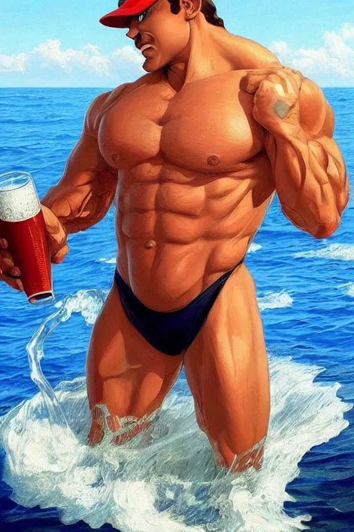 Prompt: gigachad bodybuilder luigi drinking the ocean by ilya kuvshinov, ernest khalimov body, super mario bros symmetrical face concept art, hyper realistic, intricate, elegent, highly detailed, digital painting, concept art, smooth, sharp, focus, illustration, art by artgerm and greg rutkowski and alphonse mucha, artstation