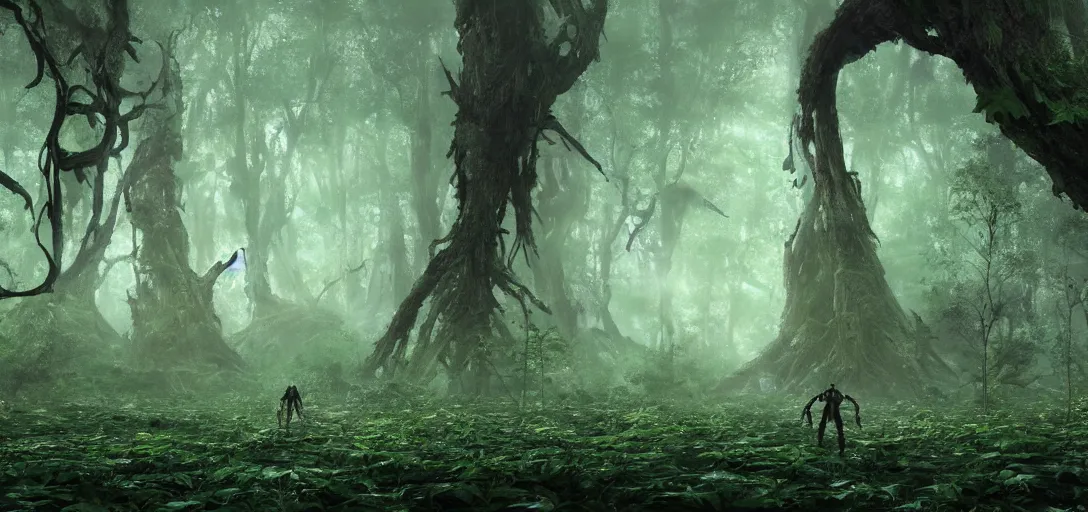 Prompt: a complex organic fractal 3 d metallic symbiotic ceramic humanoid megastructure creature in a swampy lush forest, foggy, cinematic shot, photo still from movie by denis villeneuve, 9 0 s anime by junji ito