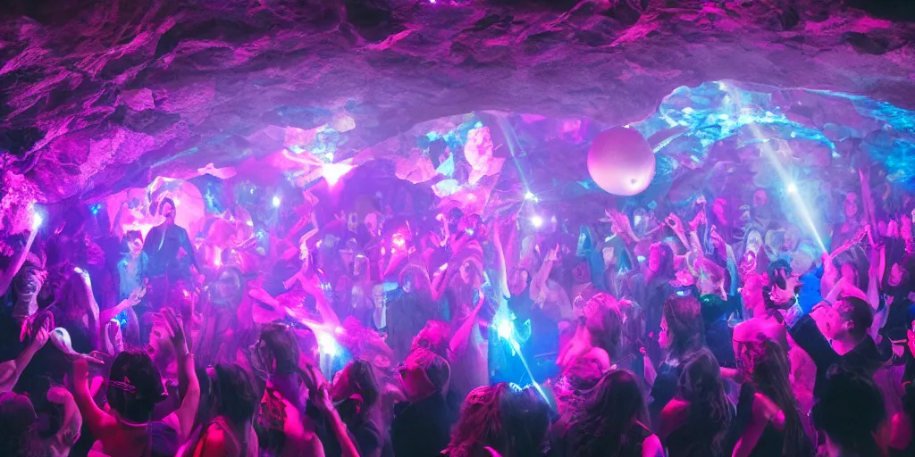 Prompt: cinematic shot of a goth disco nightclub in a cave, (((sphere of holographic knives))) made of pink lasers and blue crystals, goth people dancing, 8k photograph