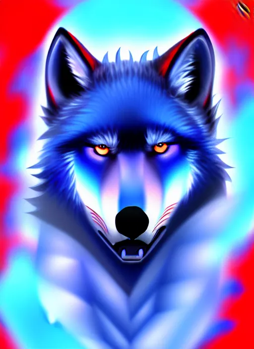 Image similar to blue wolf with red eyes, blue fur highly detailed, deep focus, digital painting, smooth, sharp focus, anime art style, trending on artstation, 4 k