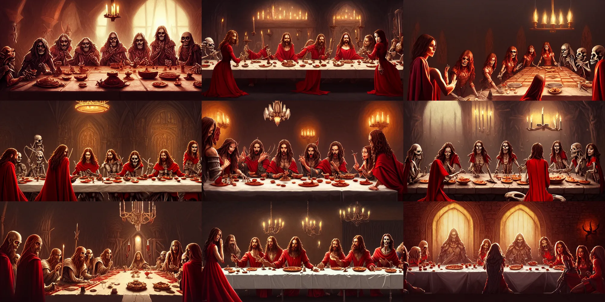 Prompt: still dnd last supper, symmetric, kate beckinsale as thief red dress center, goblins, mages, skeletons, 8 k, deep focus, fantasy, intricate, elegant, highly detailed, digital painting artstation, concept art, matte, sharp focus, hearthstone, art by greg rutkowski, ilya kuvshinov, boris valejo