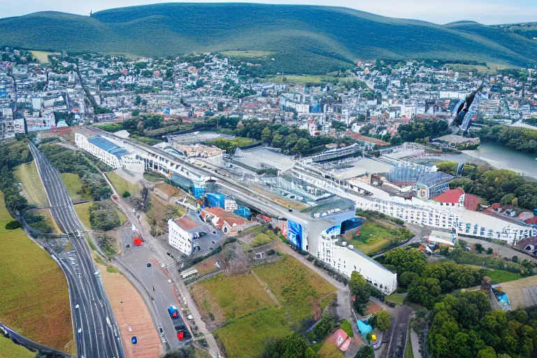 Image similar to bird's eye view photography of a small city. town hall, central farm, monorail station, beach and shipping dock. hills, woods and lake to the north.