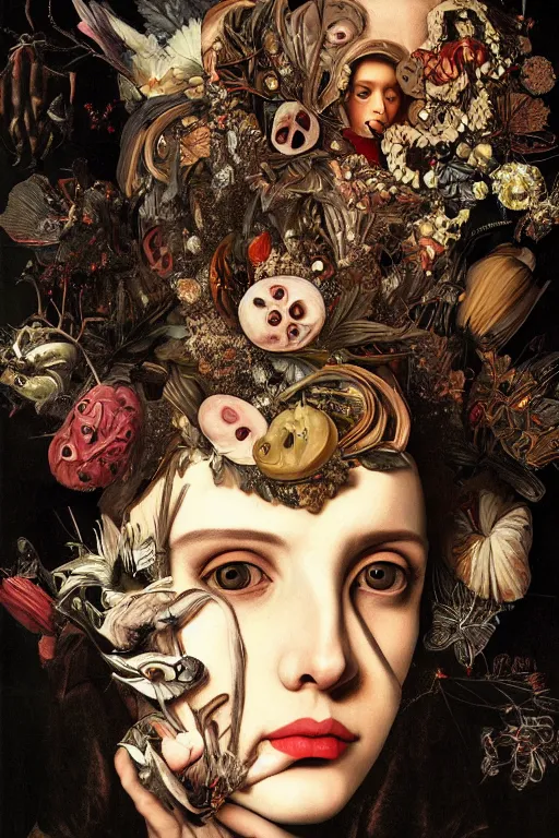 Image similar to Detailed maximalist portrait with large lips and with large, wide eyes, expressive, extra flesh, HD mixed media, 3D collage, highly detailed and intricate, surreal, illustration in the style of Caravaggio, dark art, baroque