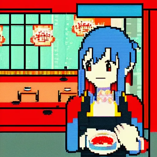 Image similar to \'pixel art anime girl in ramen cafe, soft colors, 1990\'