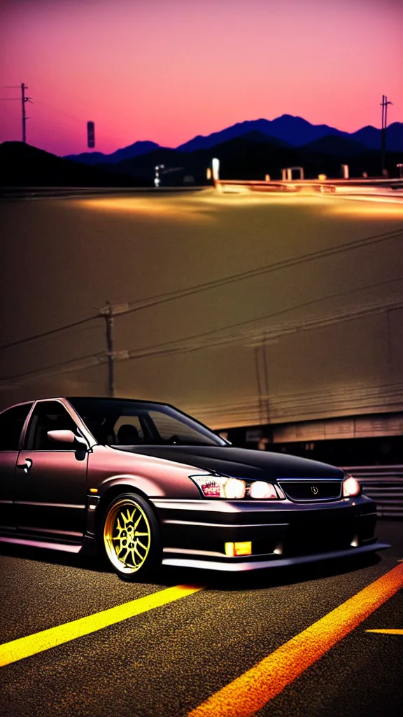 Image similar to a car drift spec JZX100 in middle of road, gunma prefecture, city sunset night, cinematic color, photorealistic, highly detailed