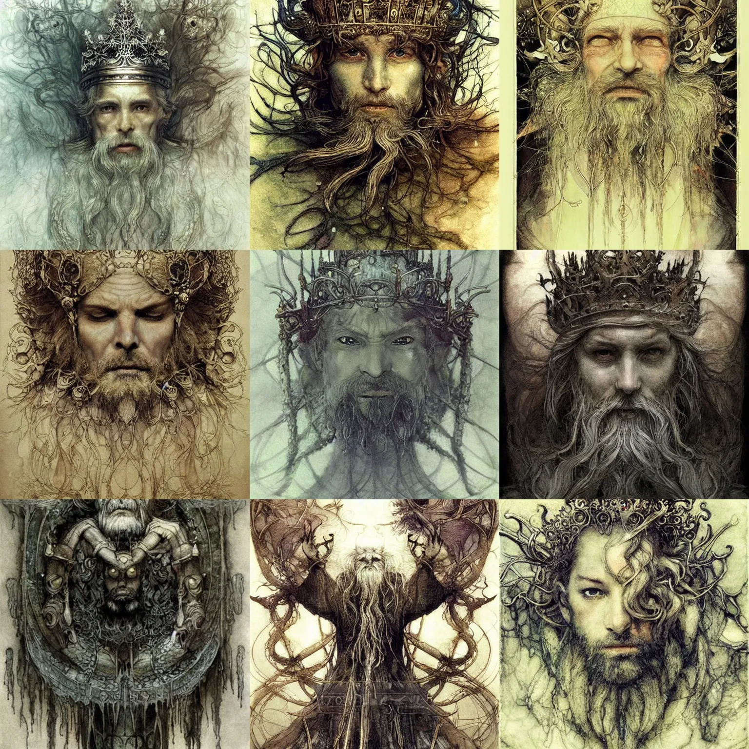 Prompt: ancienct, wise, [ forgetful ], quirky king of faes ( with long, white beard, and strange crown ), fantasy, whimsical, broad light, light caustics effect, botanical artwork, illustration by alan lee, ruan jia and arthur rackham, trending on pinterest. com