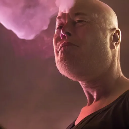 Prompt: elon musk as thanos exhaling a large smoke cloud from his bong, movie still, cinematic lighting
